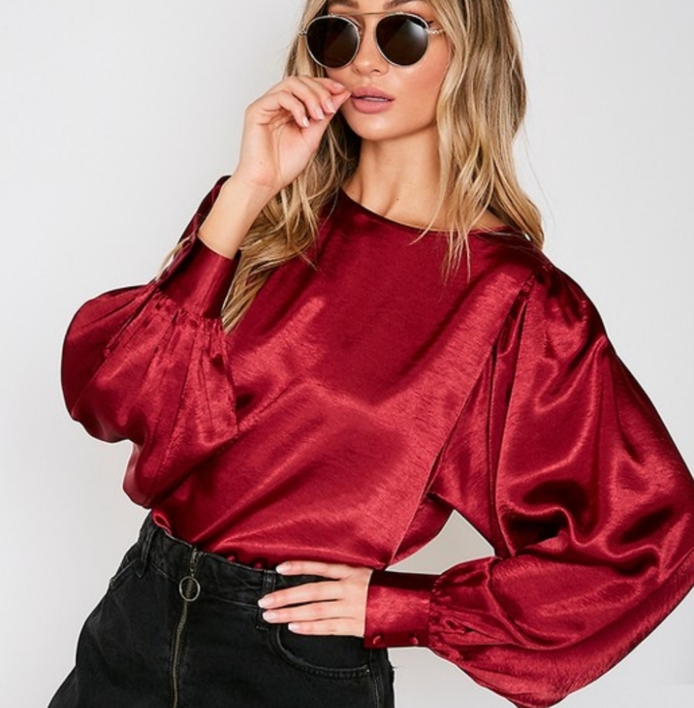 Burgundy, Balloon Sleeve, Satin Sheen Blouse